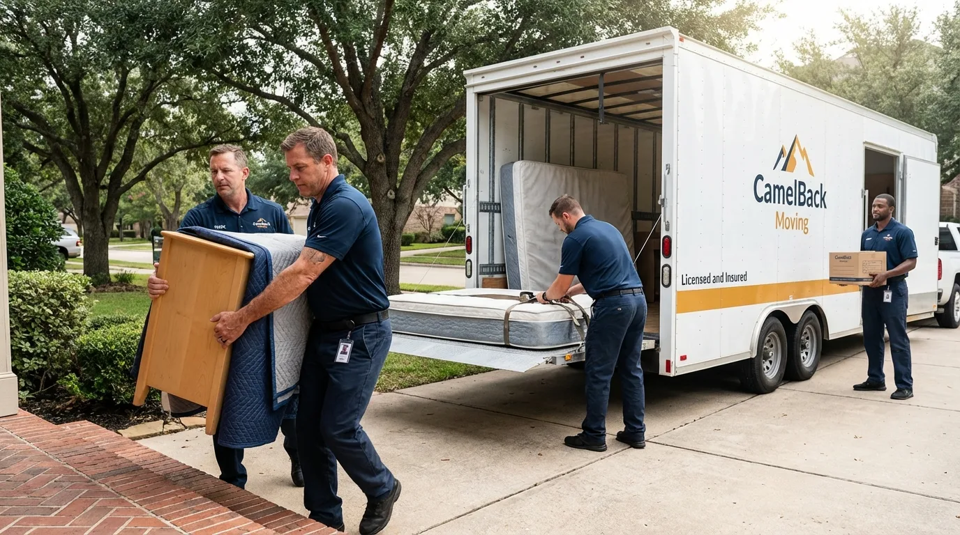 Crew loading residential truck for cross-state move from Katy, TX