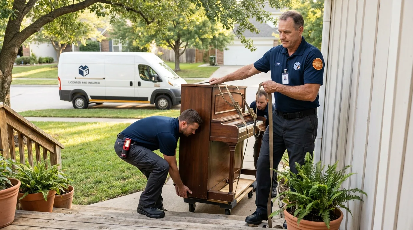 Licensed piano movers securing grand piano in Katy, TX